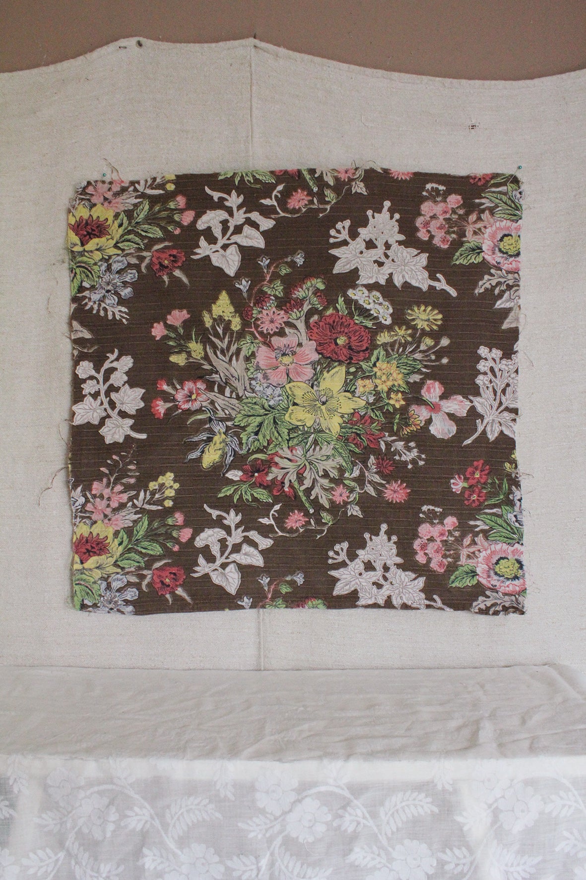 Forties Floral Screen Printed Slub Linen Panel