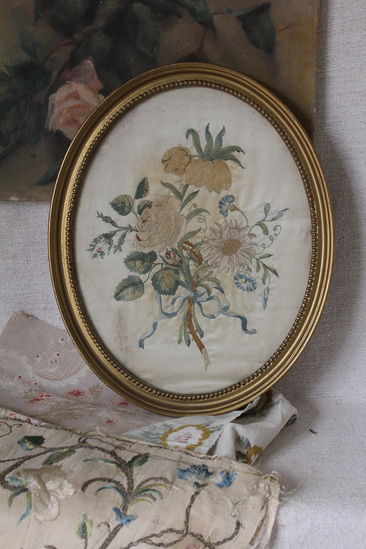 Rare And Very Beautiful Georgian Hand Embroidered Framed Silk Panel - Still Life 2