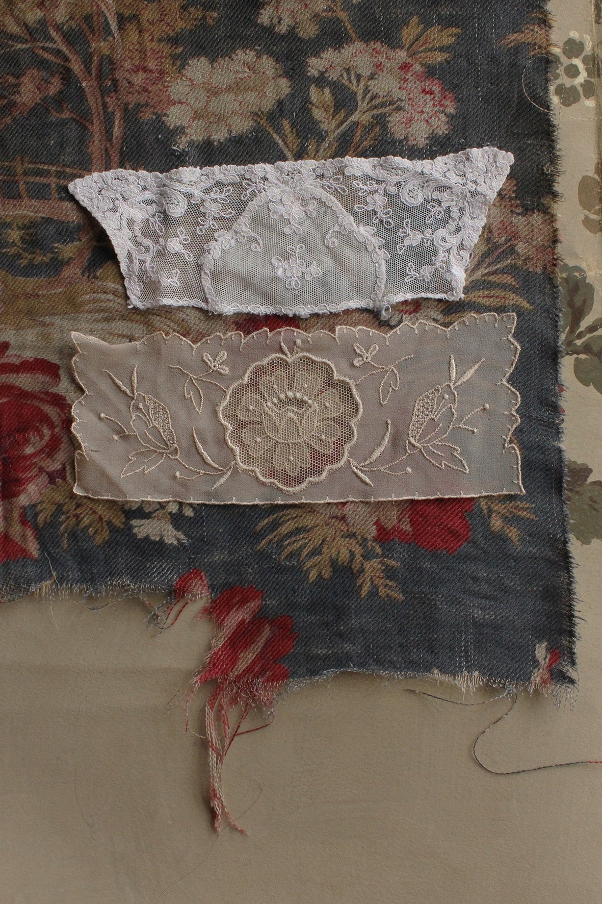 Two Beautiful Old Silk & Lace Decorative Panels