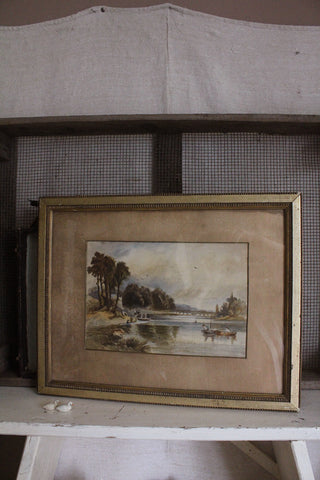 Old Framed Watercolour Painting - Sunday on the Lake