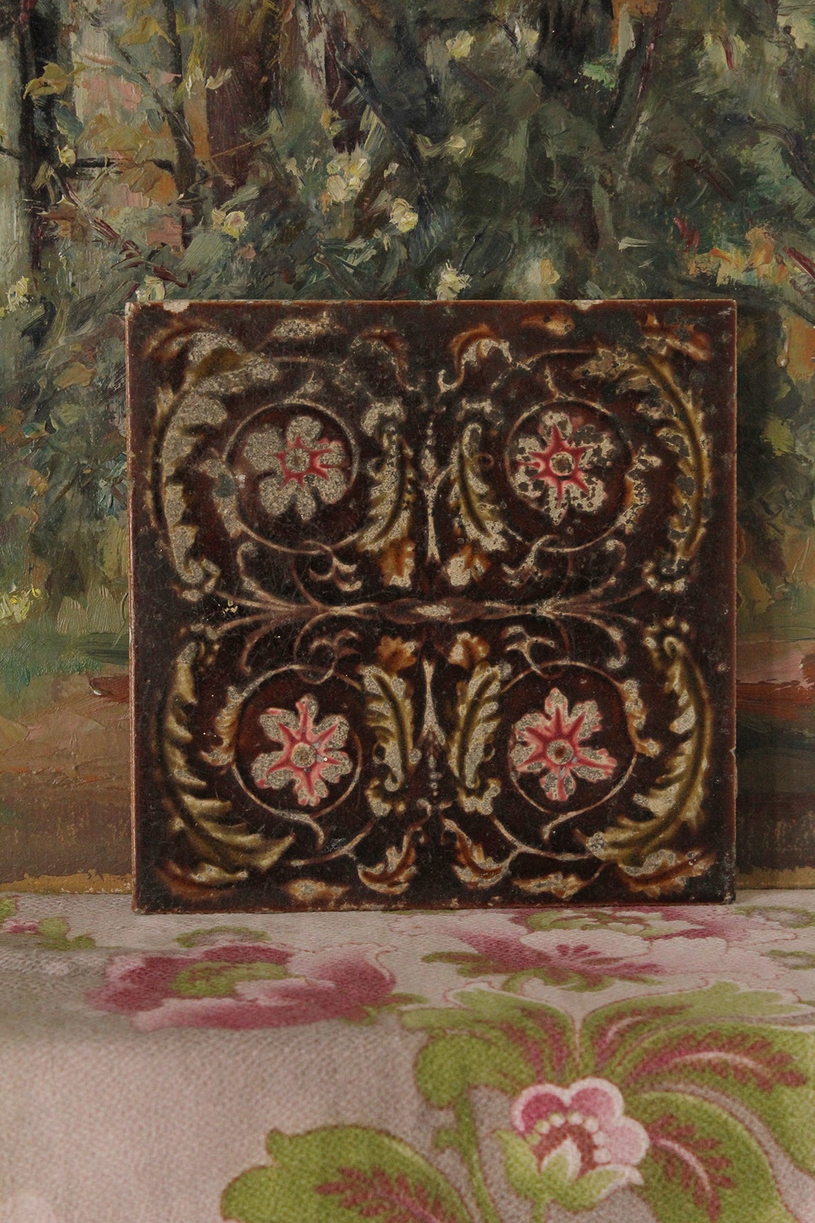Old Rare Floral Tile - Arts and Crafts Floral