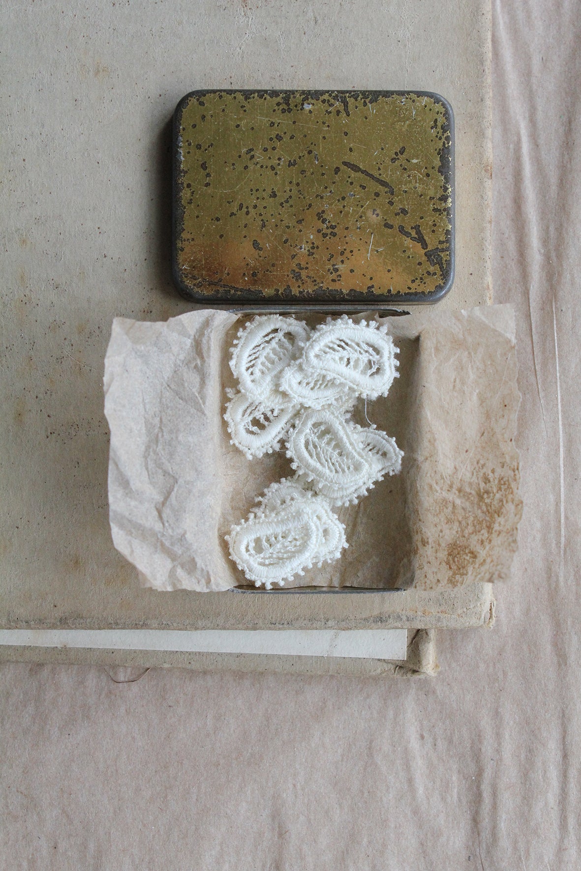 Teeny Tin of Antique Broderie Leaves