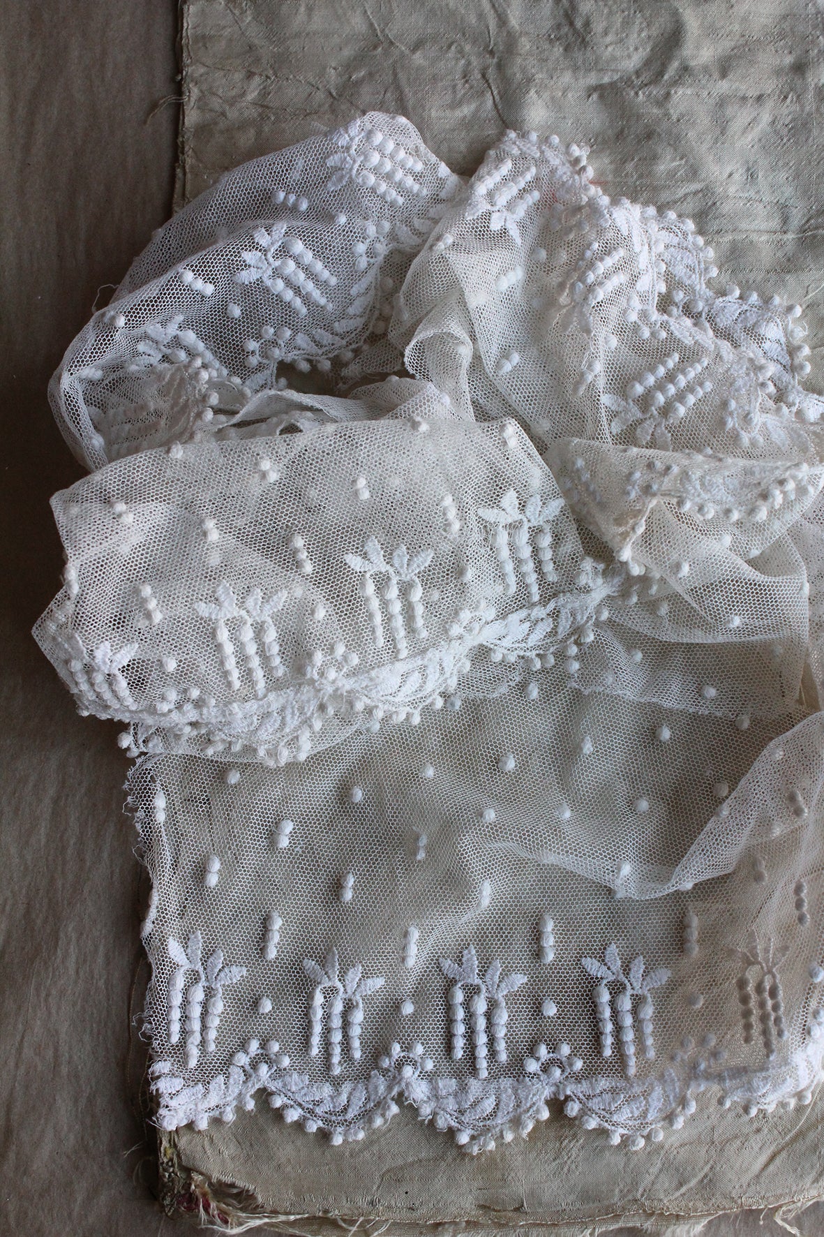 Lovely Old Reclaimed Bridal Lace Decorated with Vine Berry Clusters