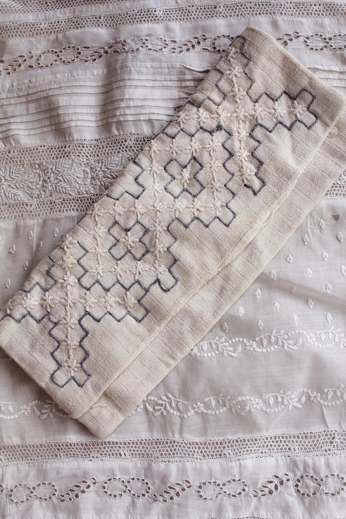 Old Hand Stitched French Envelope Purse - French Grey & Linen White (No.1)