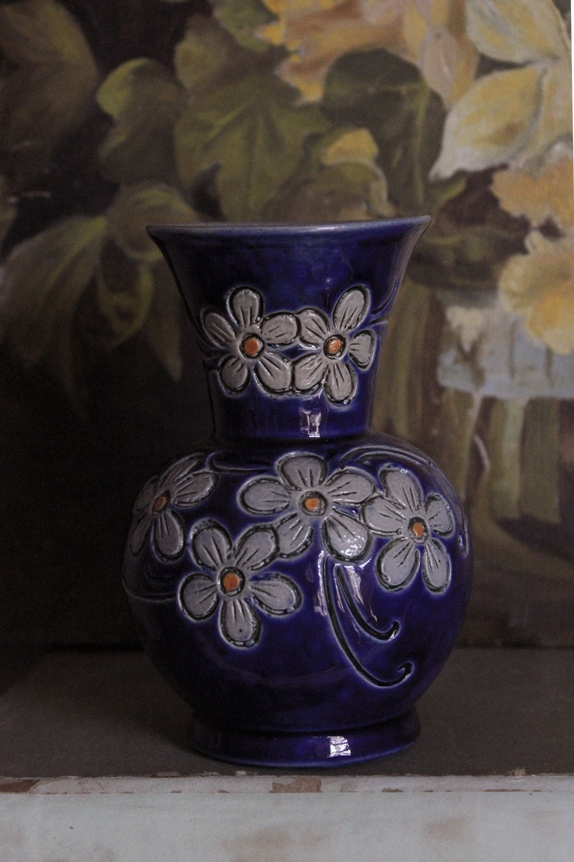 Vintage Hand Painted & Scribed Stem Vase - Grey Floral