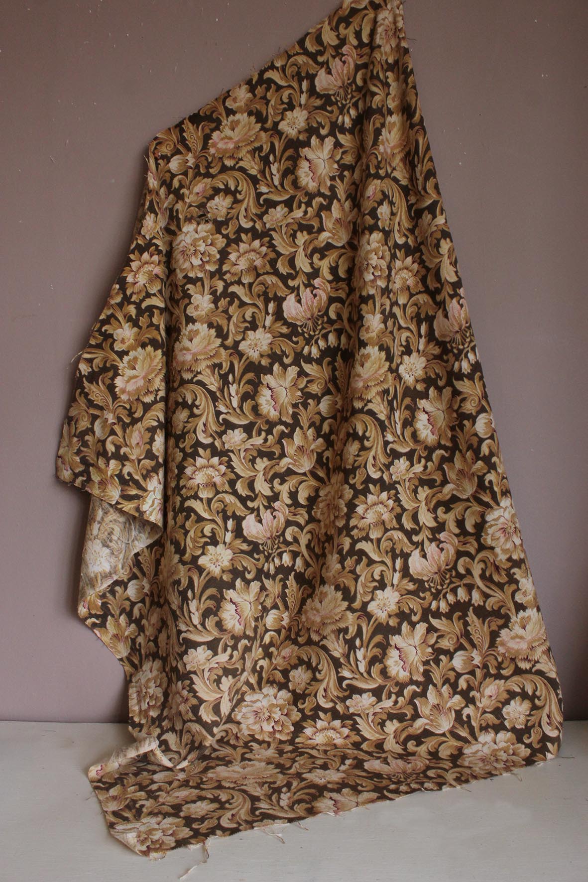 Old French Printed Cotton Twill Panel - Floral Gold - two