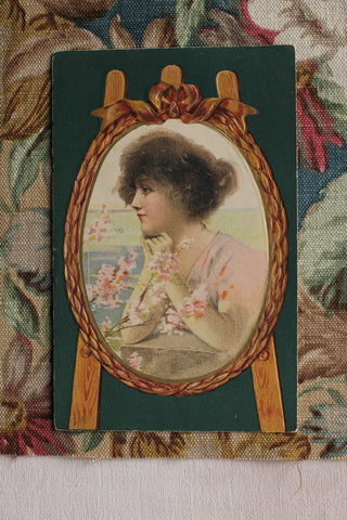 Old Postcard - Girl with Blossom in Easel