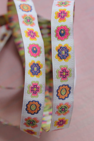 Vintage Woven Floral Ribbon - Floral and Leaf on White