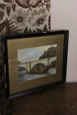 Beautiful Old Watercolour - Bridge & Two Swans