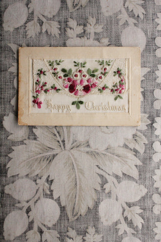 Old WW1 Embroidered Postcard - Floral - Happy Christmas