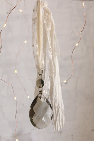 Antique French Faceted Smoked Glass Chandelier Drop With Antique Lace & Silk Hanger