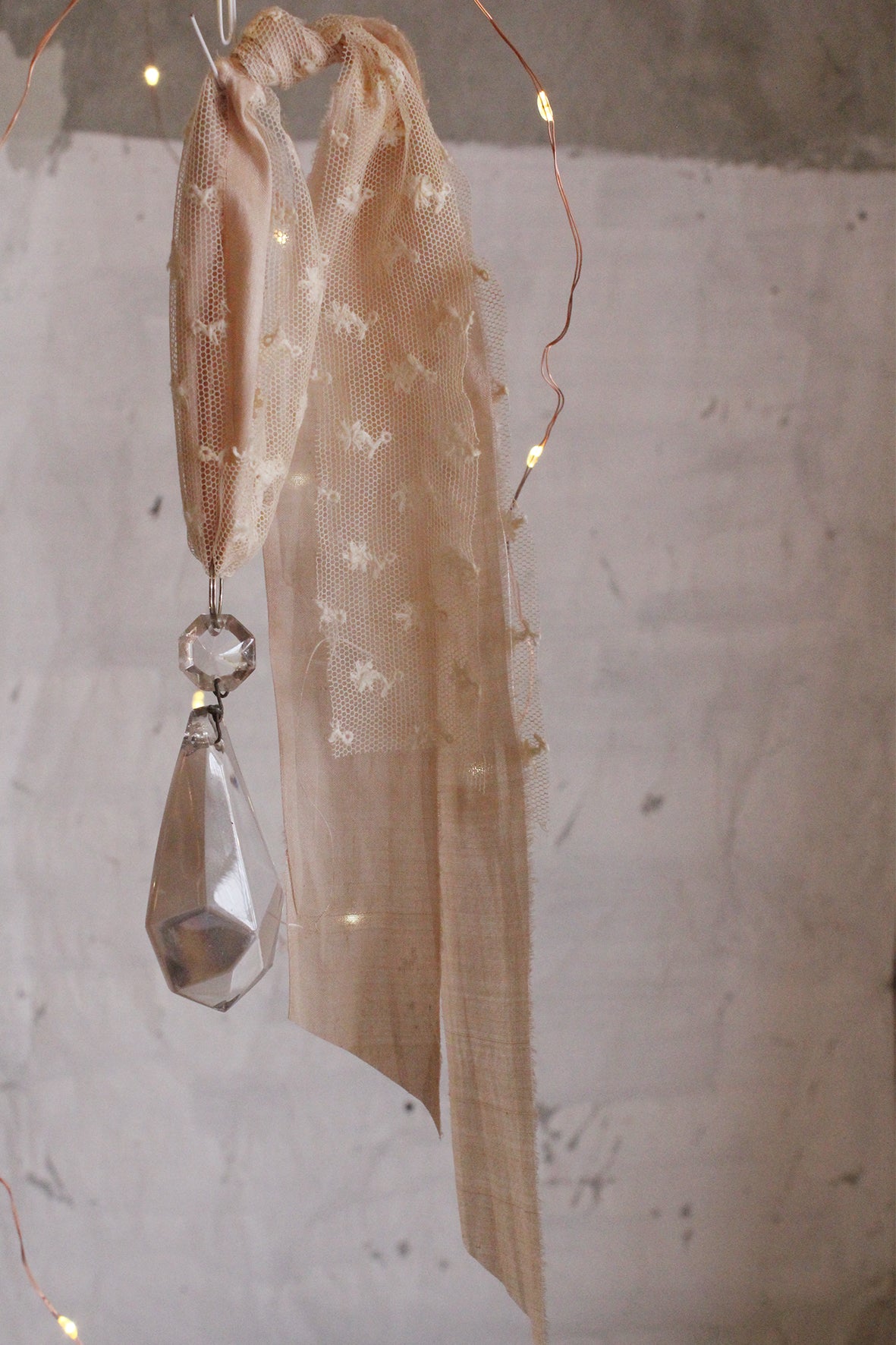 Antique French Glass Chandelier Drop With An Antique Lace & Soft Blush Silk Hanger