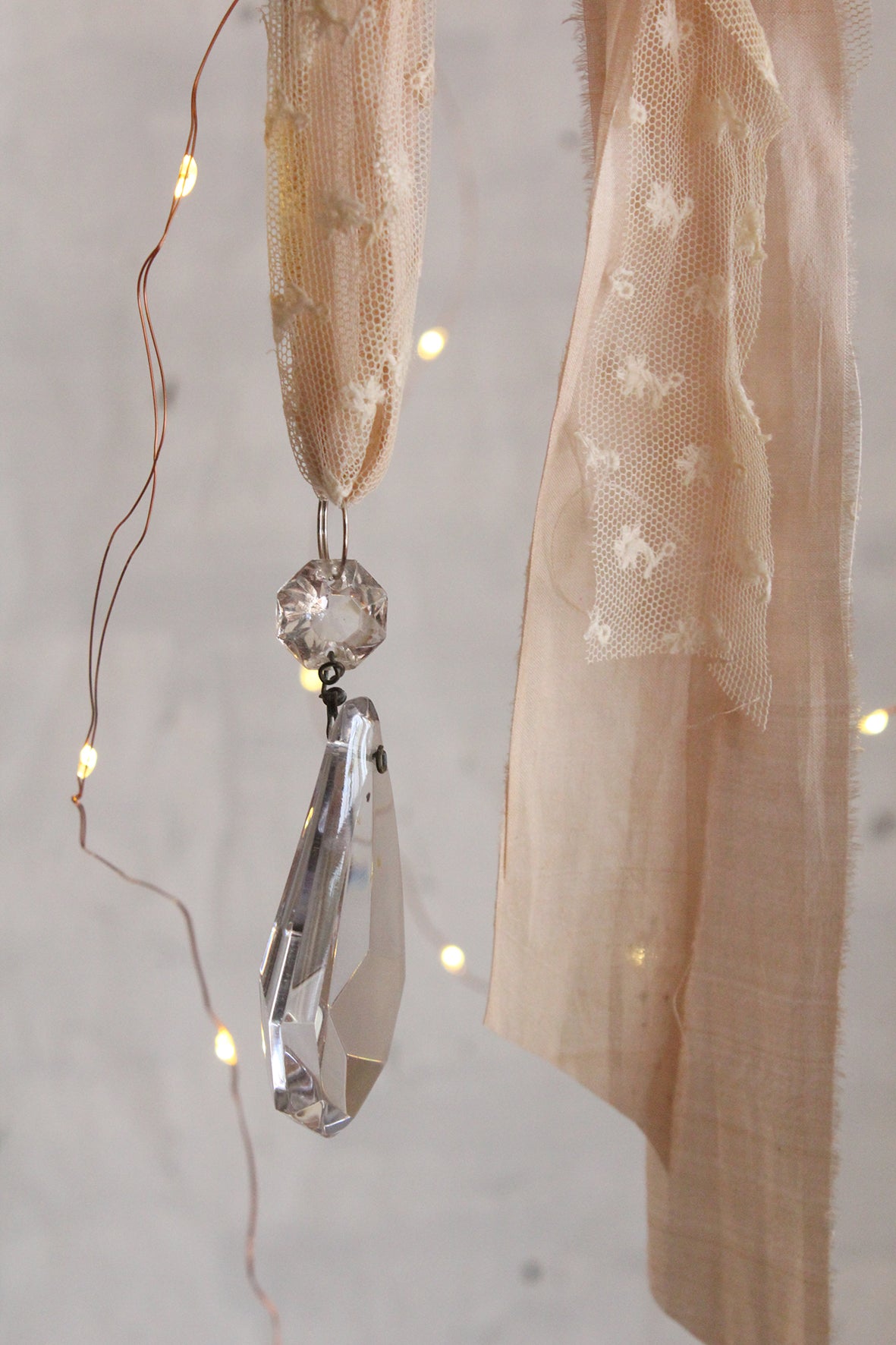 Antique French Glass Chandelier Drop With An Antique Lace & Soft Blush Silk Hanger