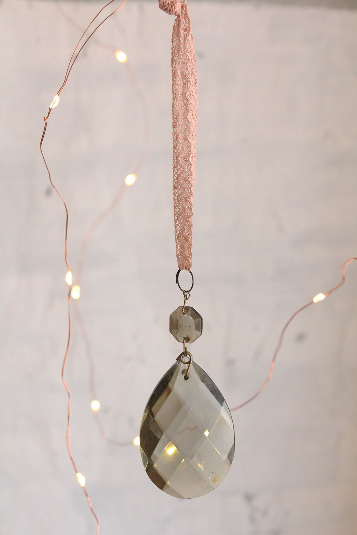 Antique French Faceted Smoked Glass Chandelier Drop With Gentle Blush Lace Hanger