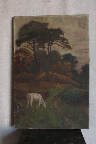 Old Landscape & Cattle Oil Painting on Canvas