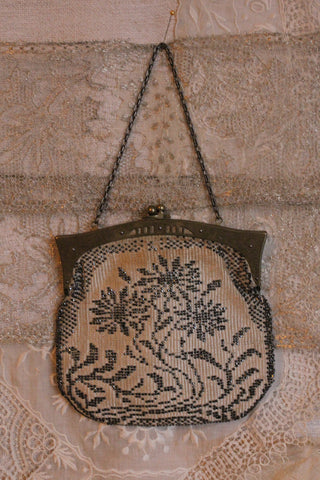 Antique Hand Beaded Bag - Cream & Black