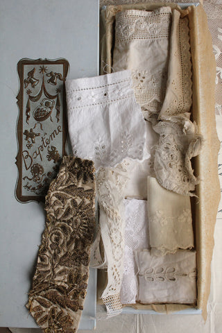 Old French Baptism Gift Box Filled with Lace & Broderie