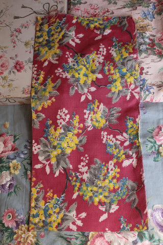 Vintage Reclaimed Barkcloth Panel - Pinky Wine Floral Corsage - No.1
