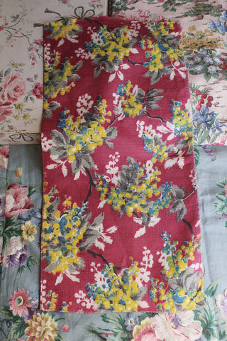 Vintage Reclaimed Barkcloth Panel - Pinky Wine Floral Corsage - No.2