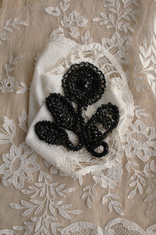 Reclaimed Victorian Hand Stitched Beaded Black Motif - Flower