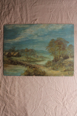 Old Oil Landscape Painting on Board - Landscape Blues