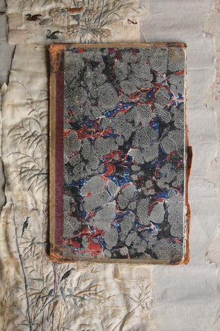 Old Rare Hand Marbled Reclaimed Book Cover - Black-Blues-Red - No 2