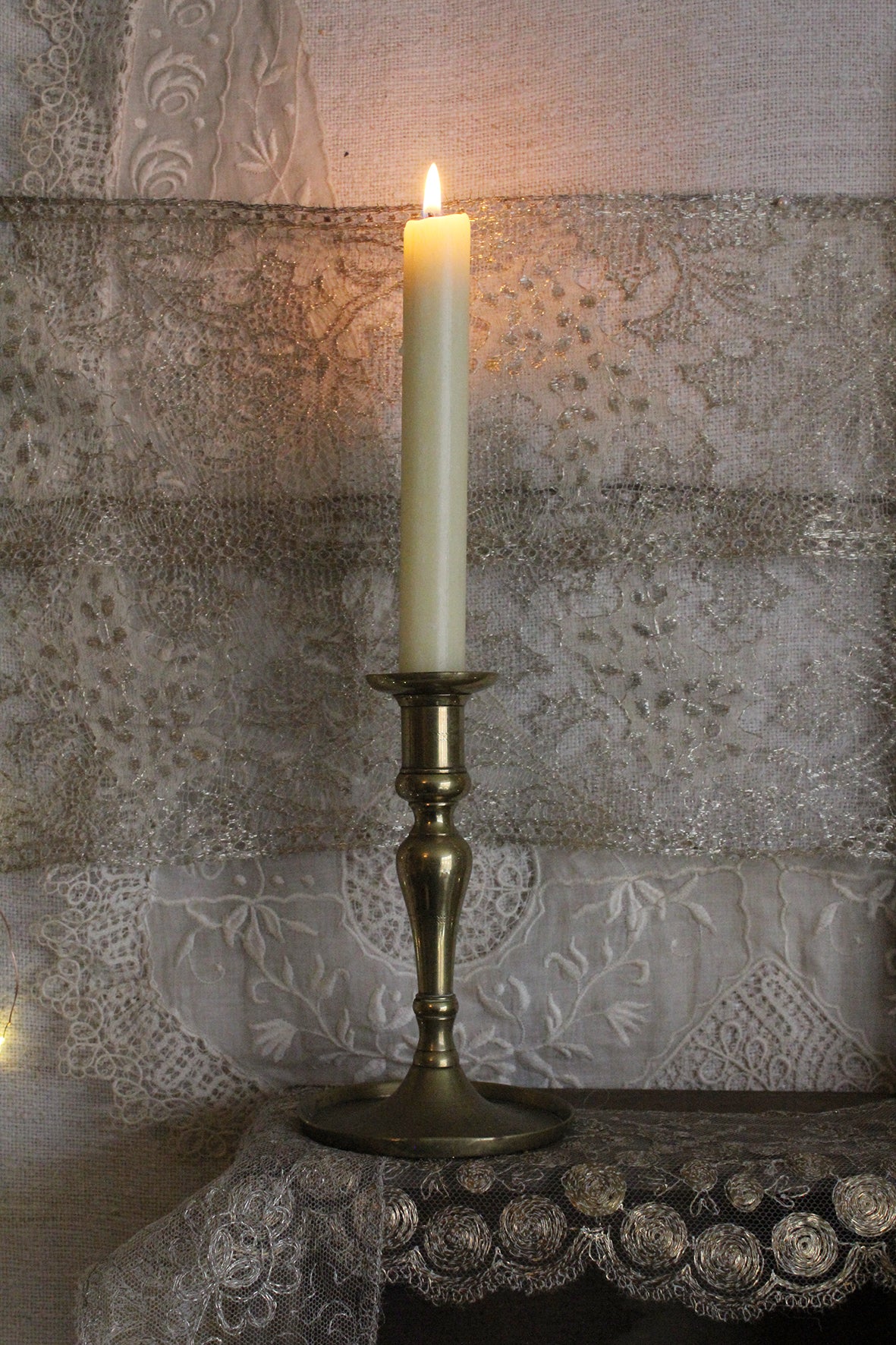 Old Single Brass Candlestick and Candle - Warm Gold 3