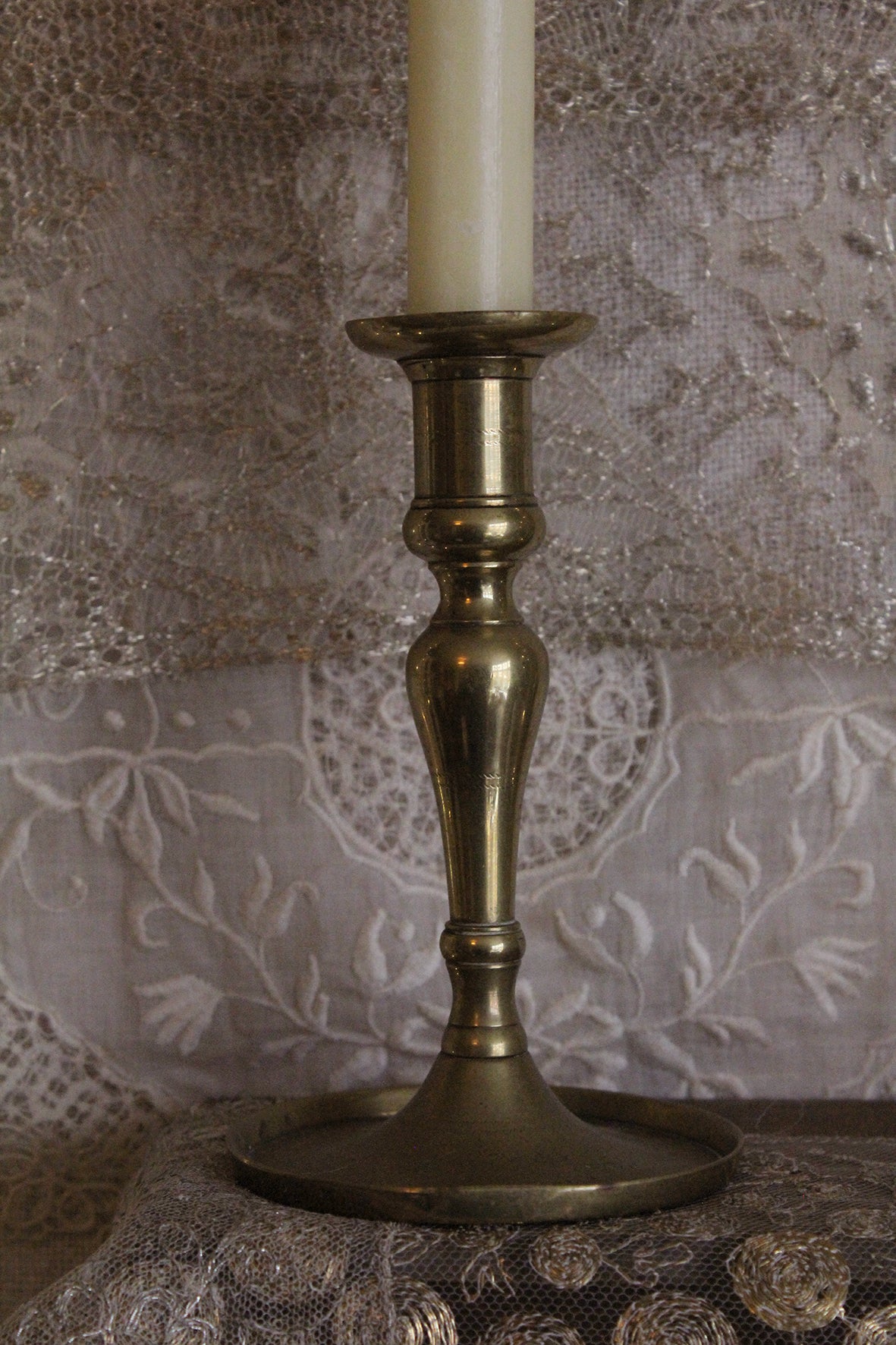 Old Single Brass Candlestick and Candle - Warm Gold 3