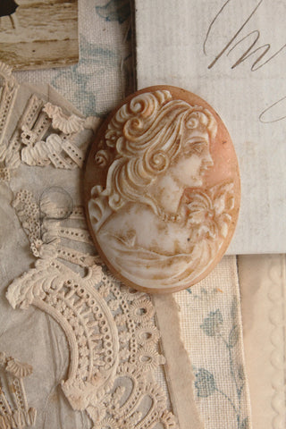 Old Reclaimed Carved Shell Cameo - Girl Holding A Flower