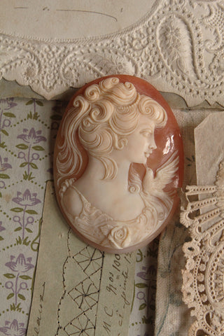 Old Reclaimed Large Carved Shell Cameo - Lady & Dove