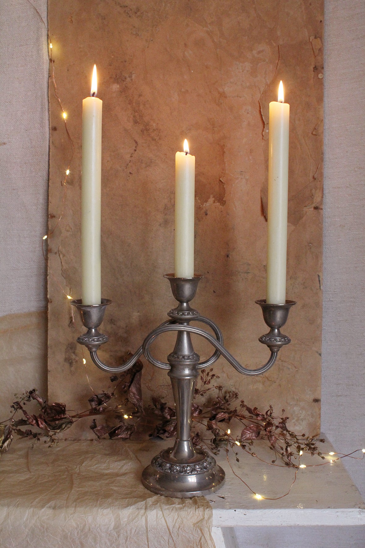 A Very Beautiful Early Plate Candelabra & Candles - Patina