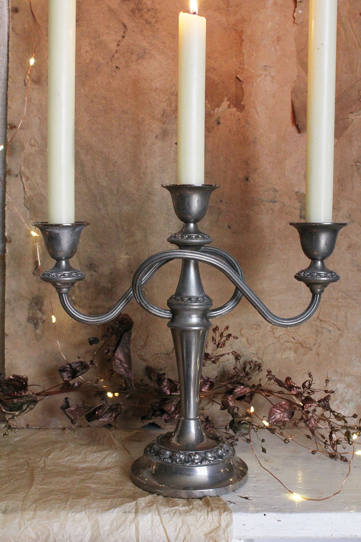 A Very Beautiful Early Plate Candelabra & Candles - Patina