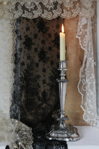 Exquisite Early Hand Made Sheffield Plate Tall Candlestick & Candle