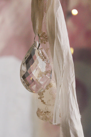 Antique Faceted Glass Chandelier Drop With A Warm White Silk & Lace Hanger