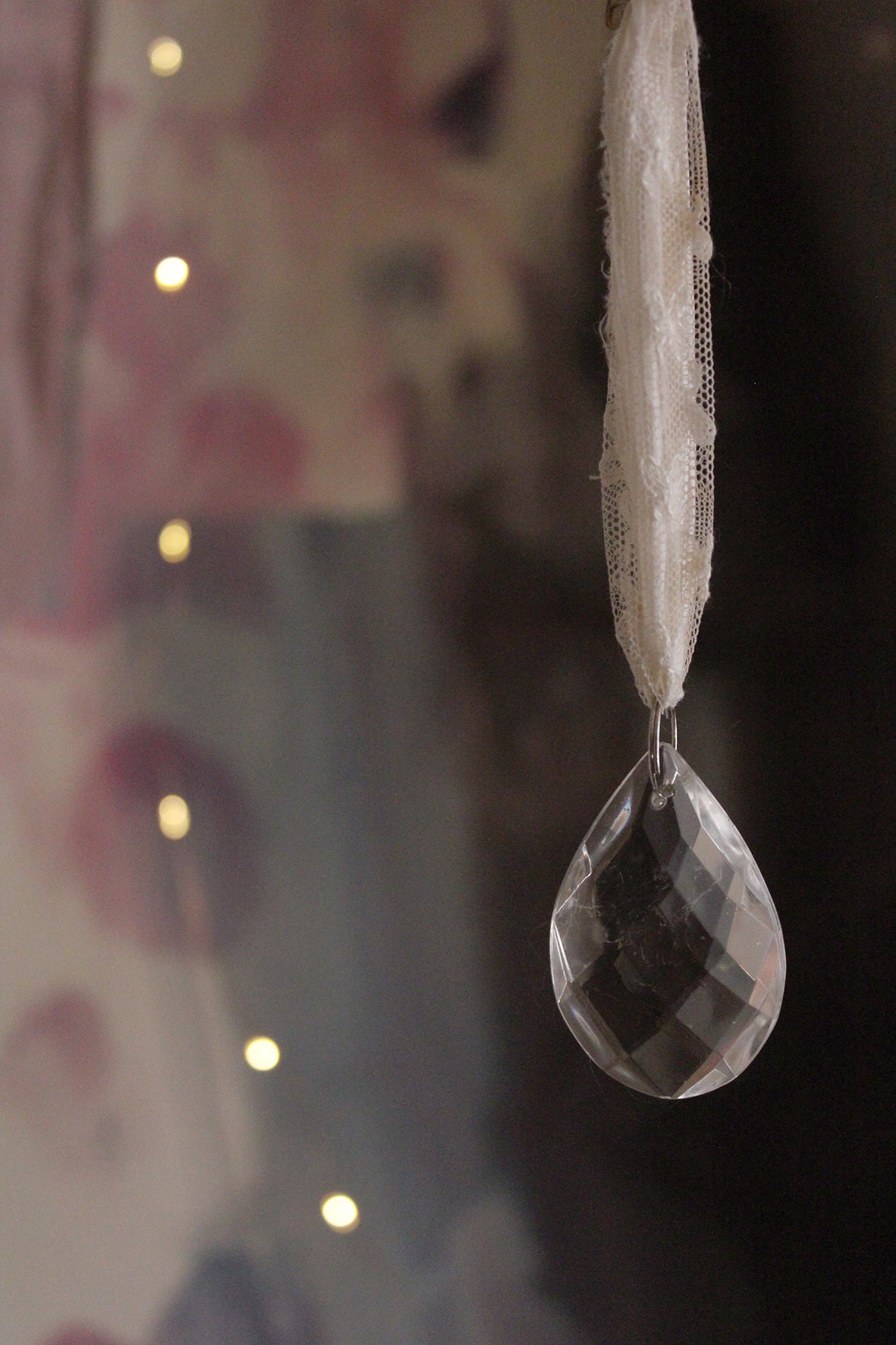 Antique Faceted Glass Chandelier Drop With A Warm White Silk & Lace Hanger
