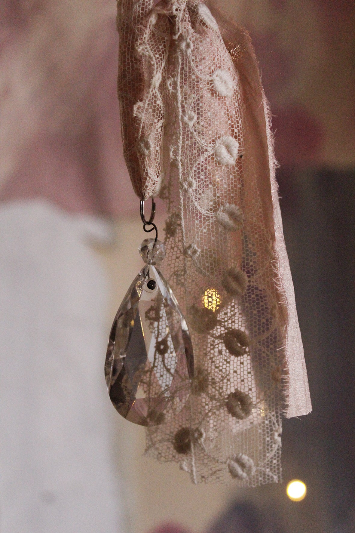 Antique Faceted Teardrop Glass Chandelier Drop With A Warm Pink Silk & Lace Hanger