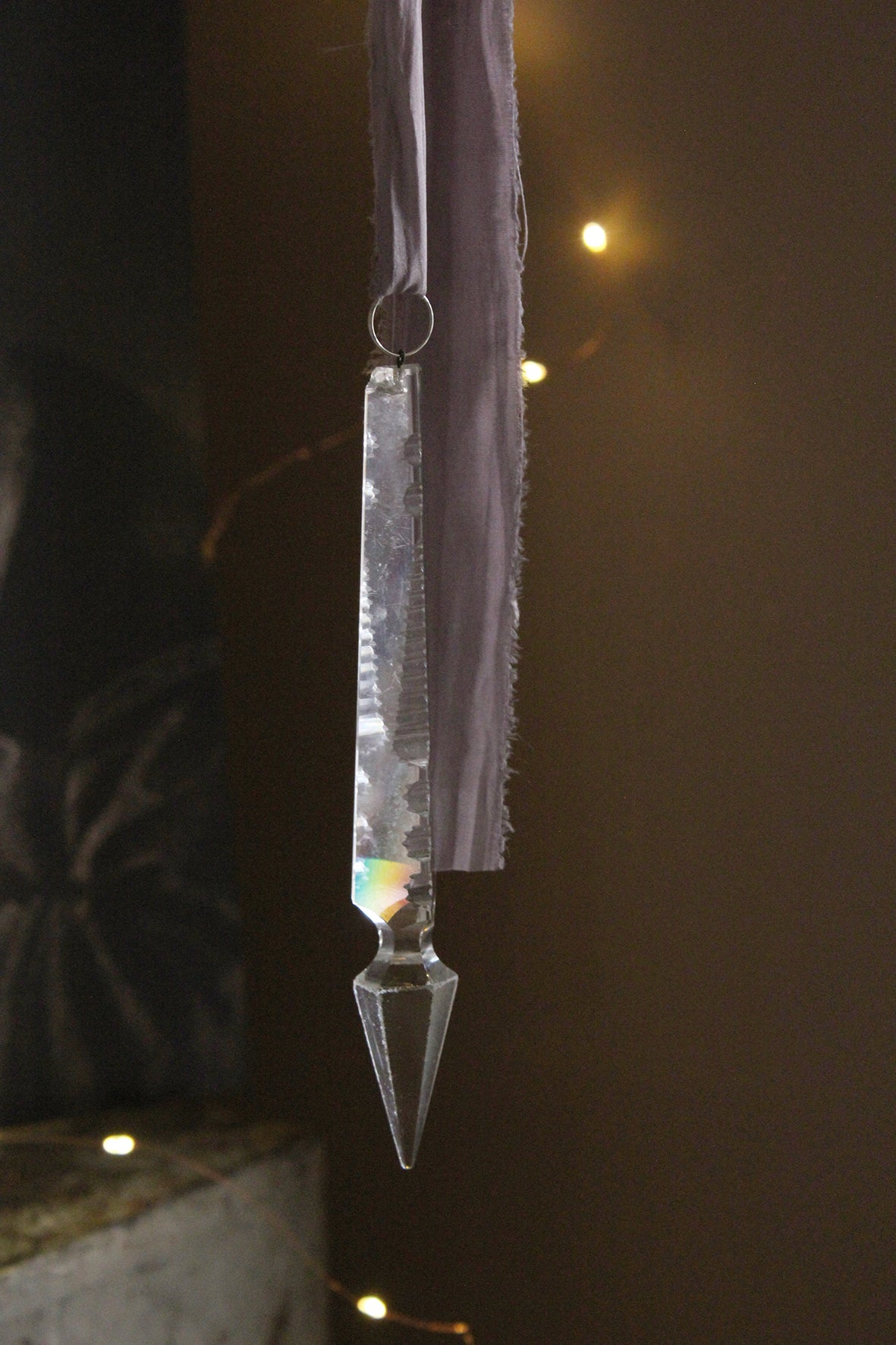 Large Antique Cut Glass Chandelier Drop With Silk Tie - Mauve