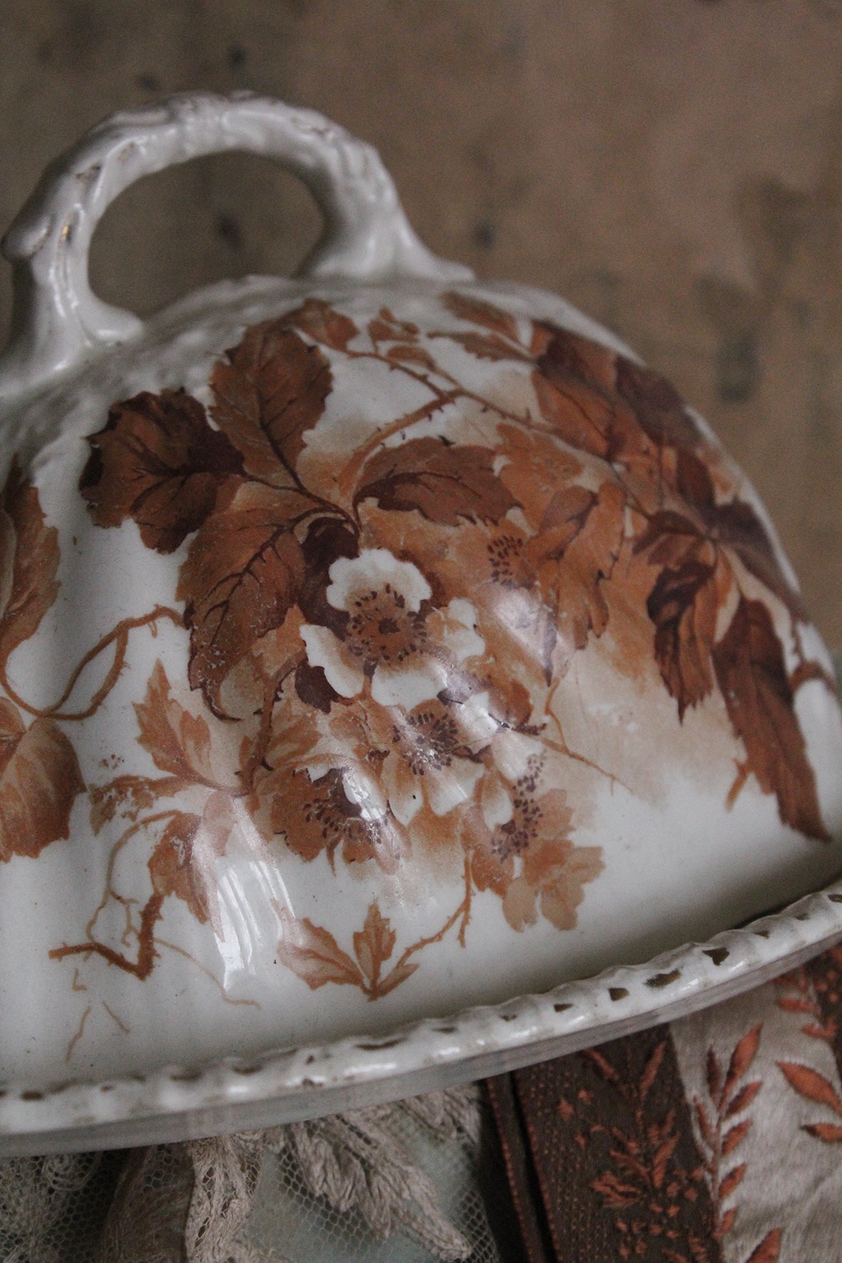 A Very Lovely Rare Foliage Copper Toned Floral Cheese Dish/Server