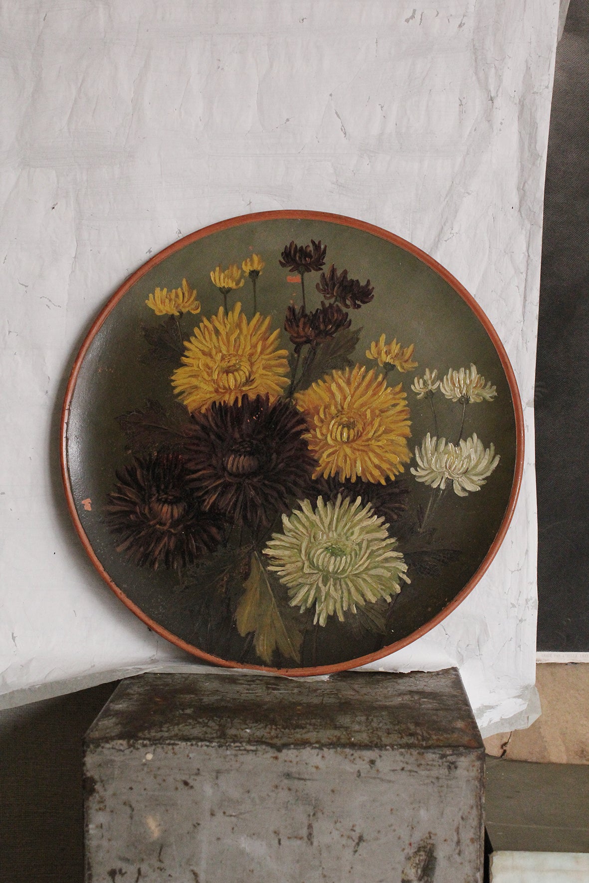 Hand Painted Victorian WATCOMBE Terracotta Plate - Chrysanthemums