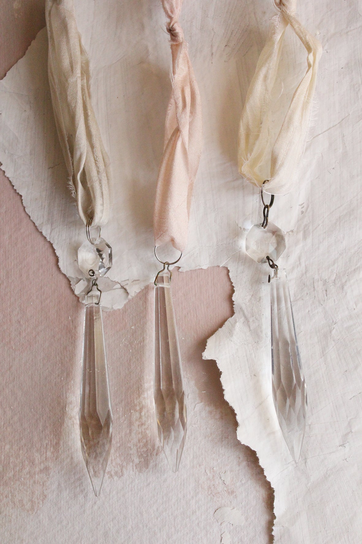 Trio of Antique Cut Glass Chandelier Drops With Gentle Toned Silk Hangers