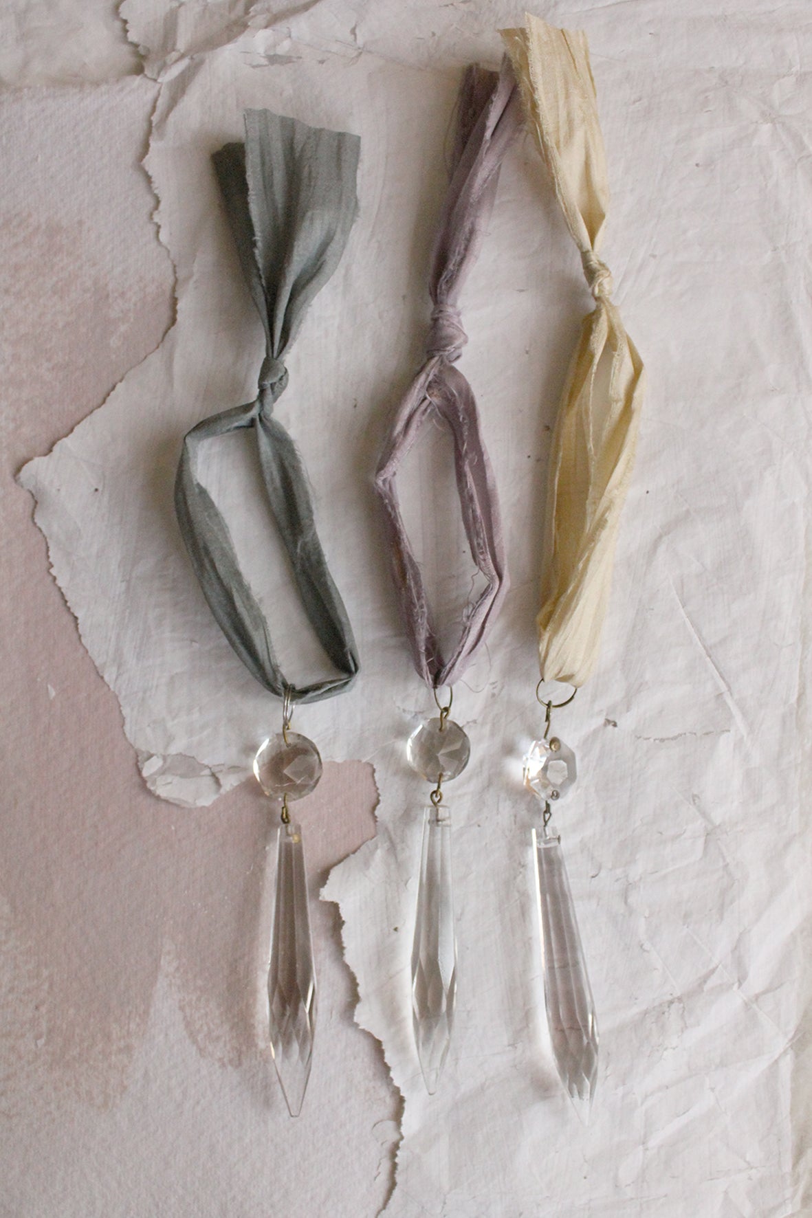 Trio of Antique Cut Glass Chandelier Drops With Winter Toned Silk Hangers