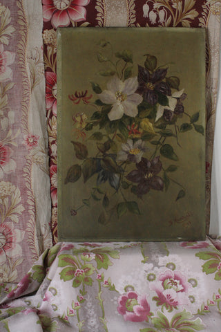 Beautiful Antique Oil Painting on Canvas - Clematis & Honeysuckle
