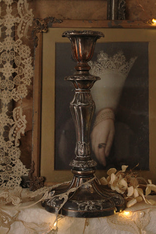 Beautiful Tall Patinaed Church Candlestick & Candle