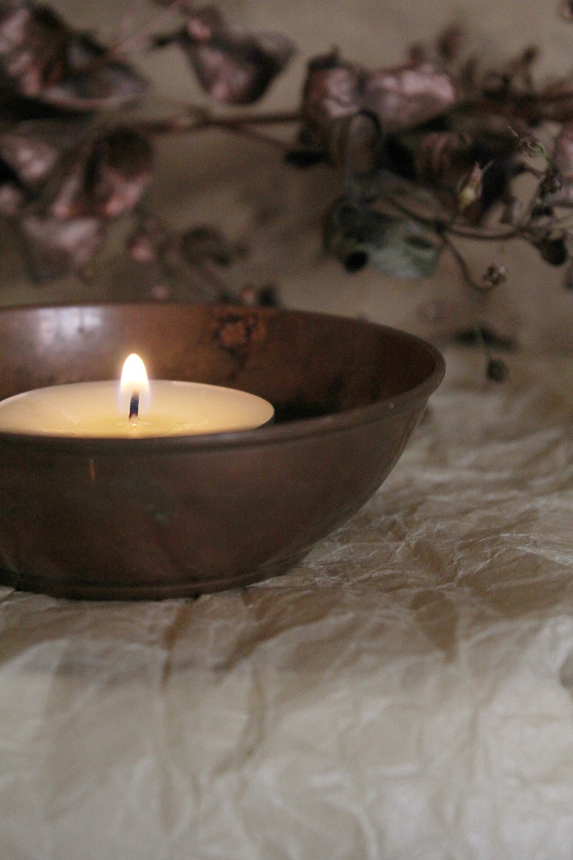 Old Copper Tea Light Dish & Candles
