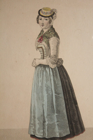 Beautiful Rare Hand Coloured Copperplate Engraving - Young Woman of Valais