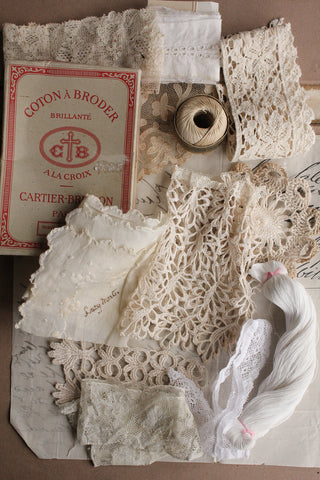 Old French Coton À Broder Box Filled with Antique  Lace, Thread & Broderie