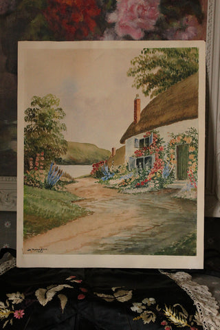 Old Detailed Watercolour - Cottage by The Lake