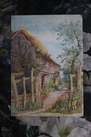 Old Watercolour Painting - Old Thatched Cottage & Garden