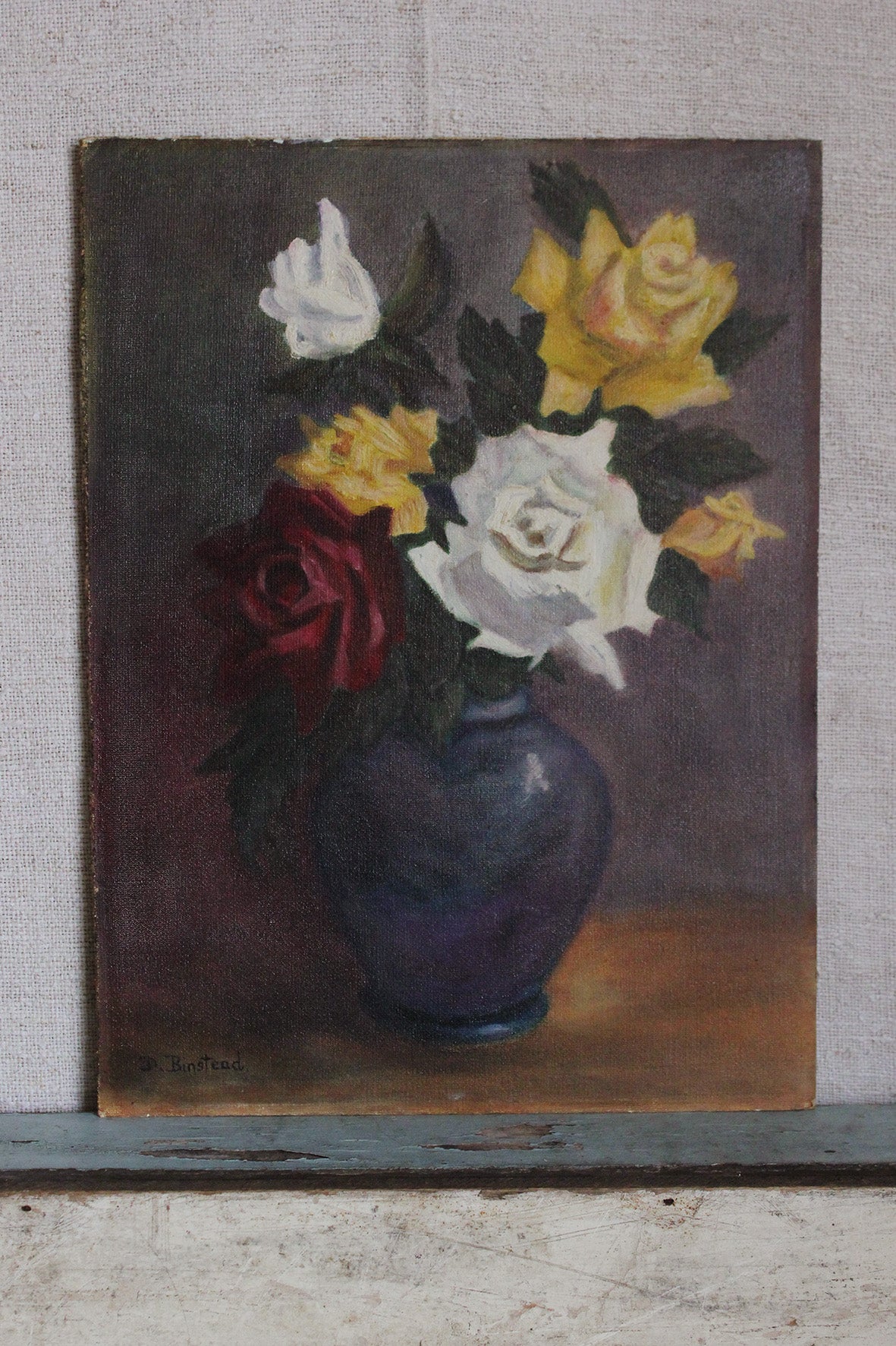 Vintage Floral Oil Painting on Board - Rose Cuttings