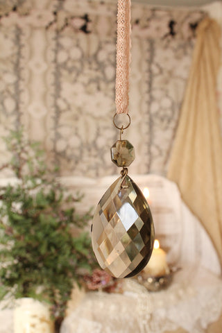 Antique French Faceted Smoked Glass Chandelier Drop With Gentle Blush Lace Hanger